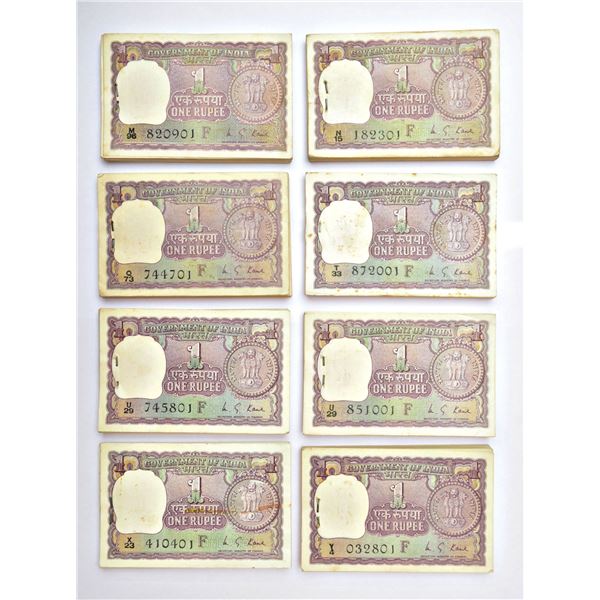 Paper Money: 1 rupee, full packet of 100 notes (8), 1974, signed by M.G. Kaul, inset F, (8 packets)