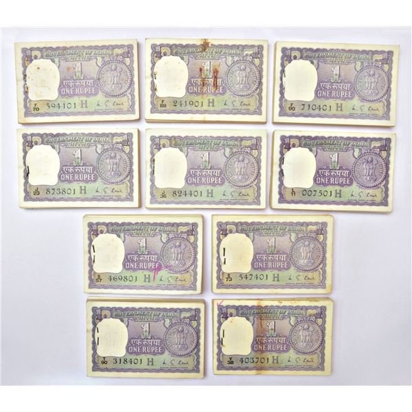 Paper Money: 1 rupee, full packet of 100 notes (10), 1976, M.G. Kaul, inset 'H', (10 packets).