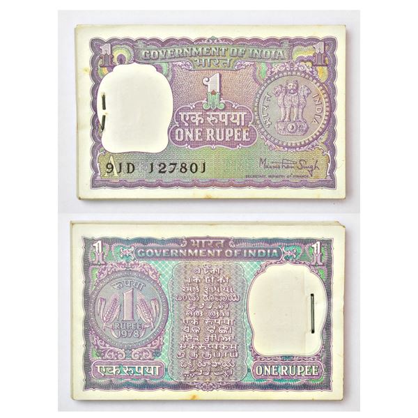 Paper Money: 1 rupee, full packet of 100 notes, 1978, Manmohan Singh, (127860 to 127869 middle 786)