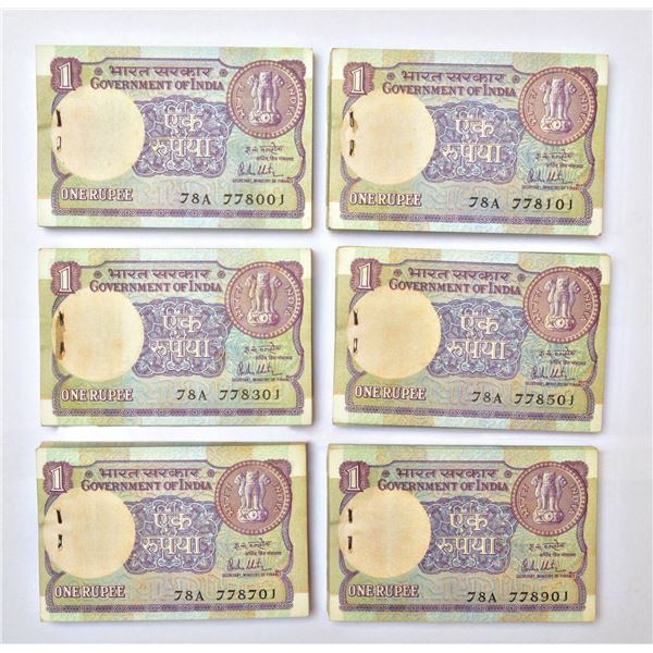 Paper Money: 1 rupee, full packet of 100 notes (6), 1981, signed by R.N. Malhotra, (6 packets)