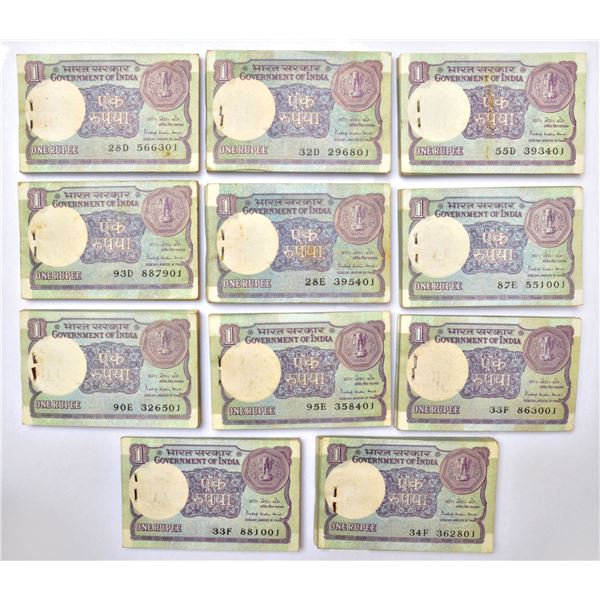 Paper Money: 1 rupee, full packet of 100 notes (11), 1984, Pratap Kishan Kaul, (11 packets)