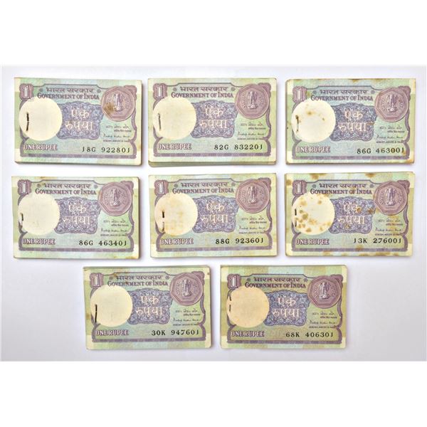 Paper Money: 1 rupee, full packet of 100 notes (8), 1985, Pratap Kishan Kaul, (8 packets)