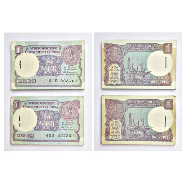 Paper Money: 1 rupee, full packet of 100 notes (2), 1986, S. Venkitaramanan, inset 'A', (2 packets)