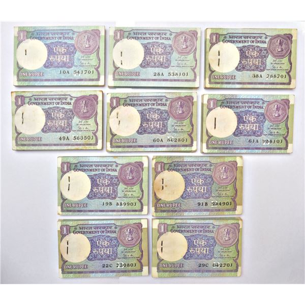 Paper Money: 1 rupee, full packet of 100 notes (10), 1989, Gopi K. Arora, inset 'B', (10 packets)