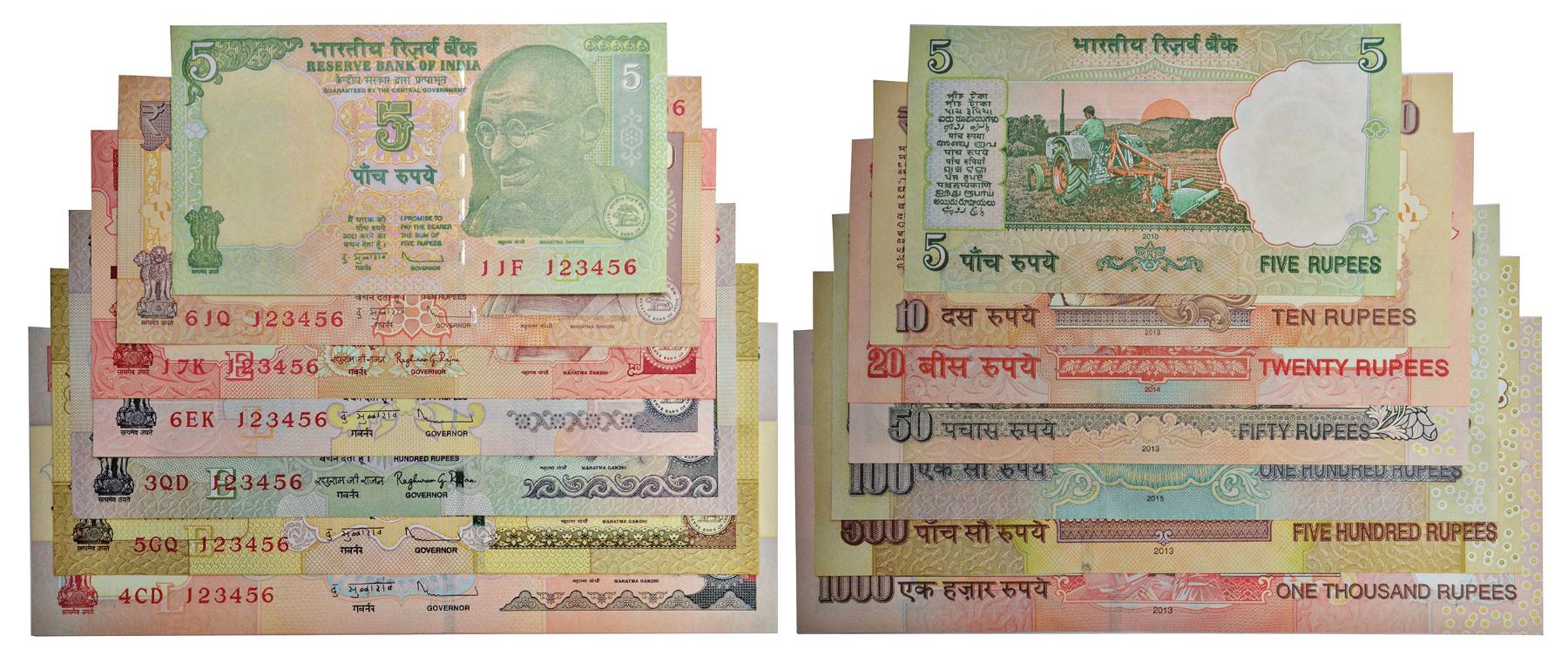 Paper Money: Fancy number set of 7 notes, 5 rupees to 1000 rupees, all ...
