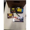 Image 2 : BOX OF MULTI PLUG ADAPTERS, PANS, SHOWER HEAD, STAPLER WITH STAPLES AND TAPE GUN