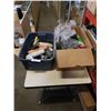 Image 1 : TOTE AND BOX OF PAINTING SUPPLIES, LIGHTS, HARDWARE AND MORE