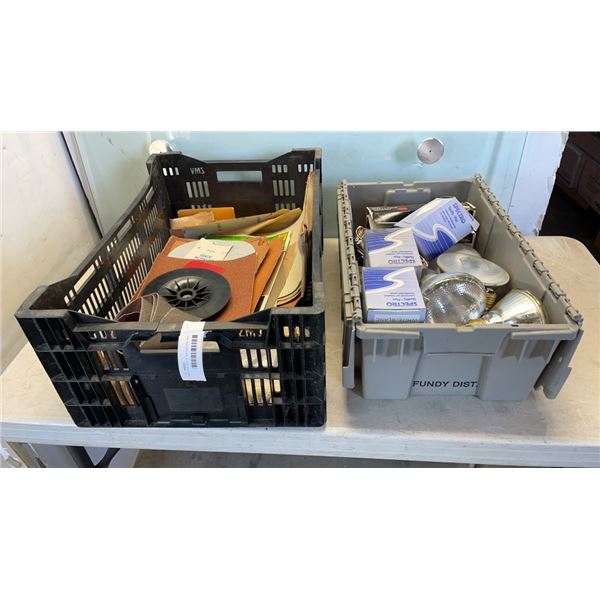 TRAY AND BIN OF SANDPAPER AND LIGHTBULBS