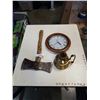 Image 1 : DOUBLE HEADED AXE WITH CARVED HILT, BULOVA WALL CLOCK AND BRASS OIL LAMP