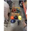 Image 1 : BOX OF HARD HATS, 1/2 INCH MASTERCRAFT IMPACT GUN, TILE CUTTER AND TIRE CHAIN WRENCH