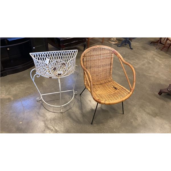 WICKER CHAIR AND METAL PLANTER STAND