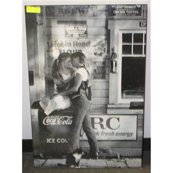 PAINTING OF 2 PEOPLE KISSING ON COLA COOLER