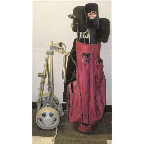 PURPLE GOLF CLUB BAG WITH GOLF TROLLEY