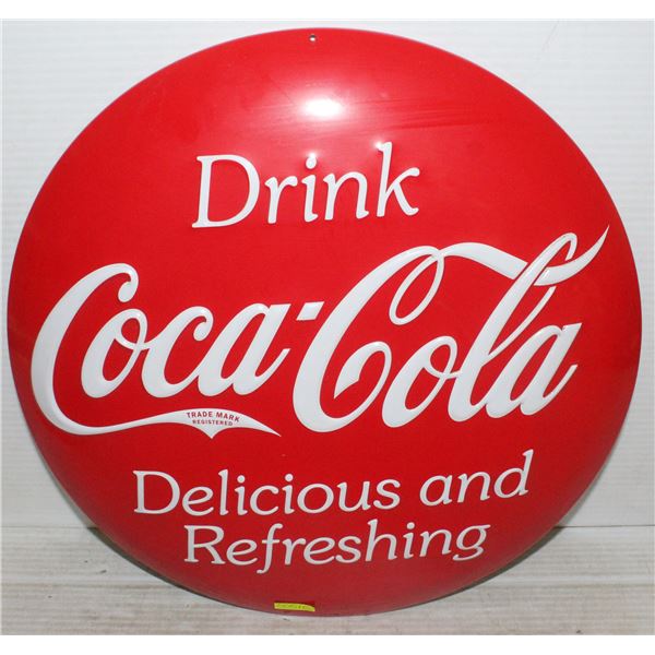 14" TIN COCA-COLA ROUND BUTTON SIGN, CONCAVE