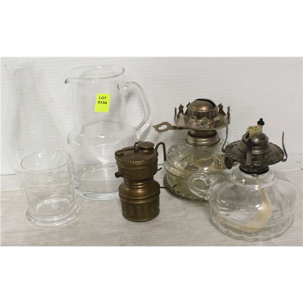 2 GLASS LAMPS WITH ASSORTED GLASSWARE