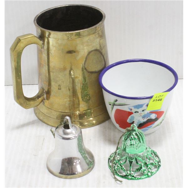 BRASS MUG WITH CERAMIC MUG WITH 2 BELL ORNAMENTS