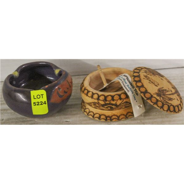 CUBA CERAMIC ASHTRAY AND WOODEN SPINNING TOP