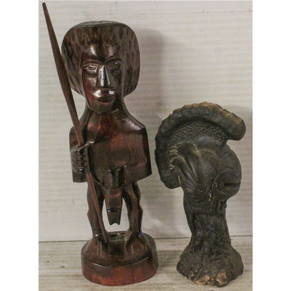 2 WOODEN STATUES HELMET AND SWORD HOLDING