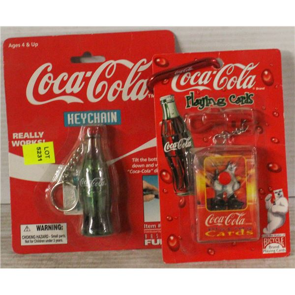 2 COCA COLA KEYCHAINS BOTTLE AND PLAYING CARDS