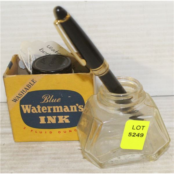 2 BLUE WATERMANS INK BOTTLES WITH PEN