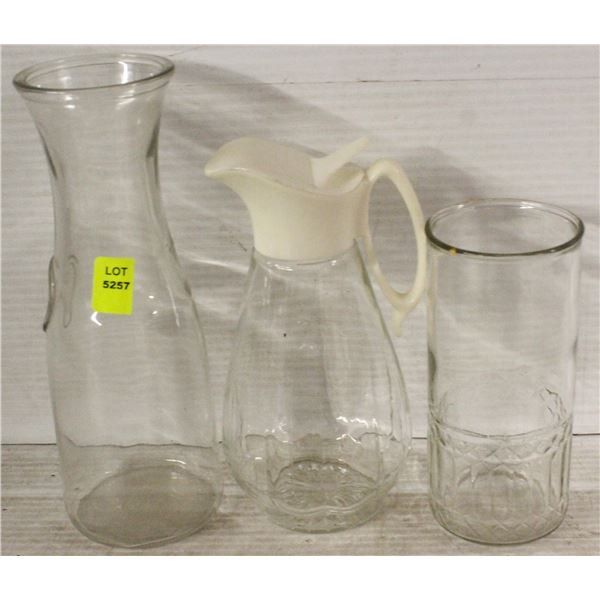 VINTAGE GLASS SYRUP JAR WITH GLASS VASE & CUP