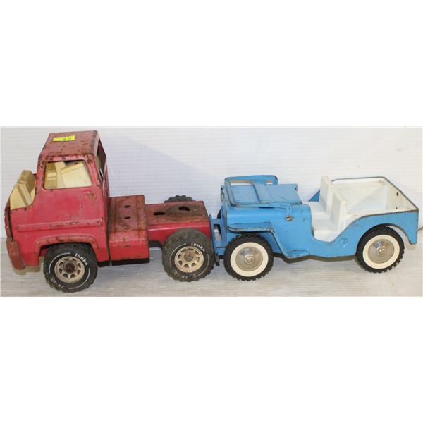 VINTAGE TONKA TRACTOR TRUCK AND BLUE JEEP