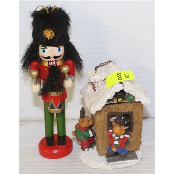 2 CHRISTMAS ORNAMENTS NUTCRACKER AND HOUSE