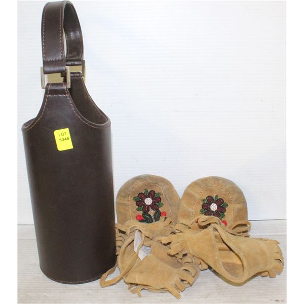 LEATHER CONTAINER WITH PAIR OF MOCCASINS