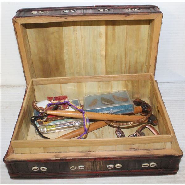 ANTIQUE WOODEN BOX WITH COLLECTIBLES INSIDE