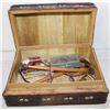 ANTIQUE WOODEN BOX WITH COLLECTIBLES INSIDE