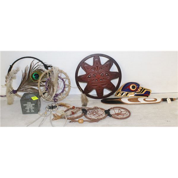 7 ASSORTED ANTIQUE ITEMS / DREAMCATCHERS,CARVINGS