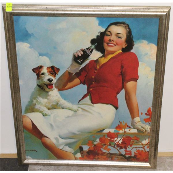 LADY DRINKING COCA COLA WITH DOG PAINTING