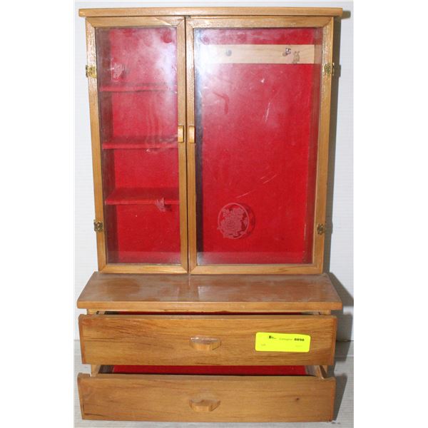 WOODEN JEWELLRY CASE WITH GLASS DOORS
