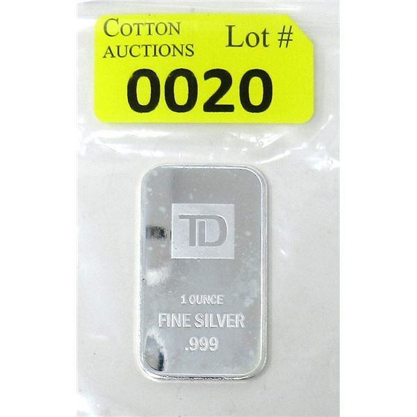 1 Oz. .999 Silver TD Bank Investor Bar