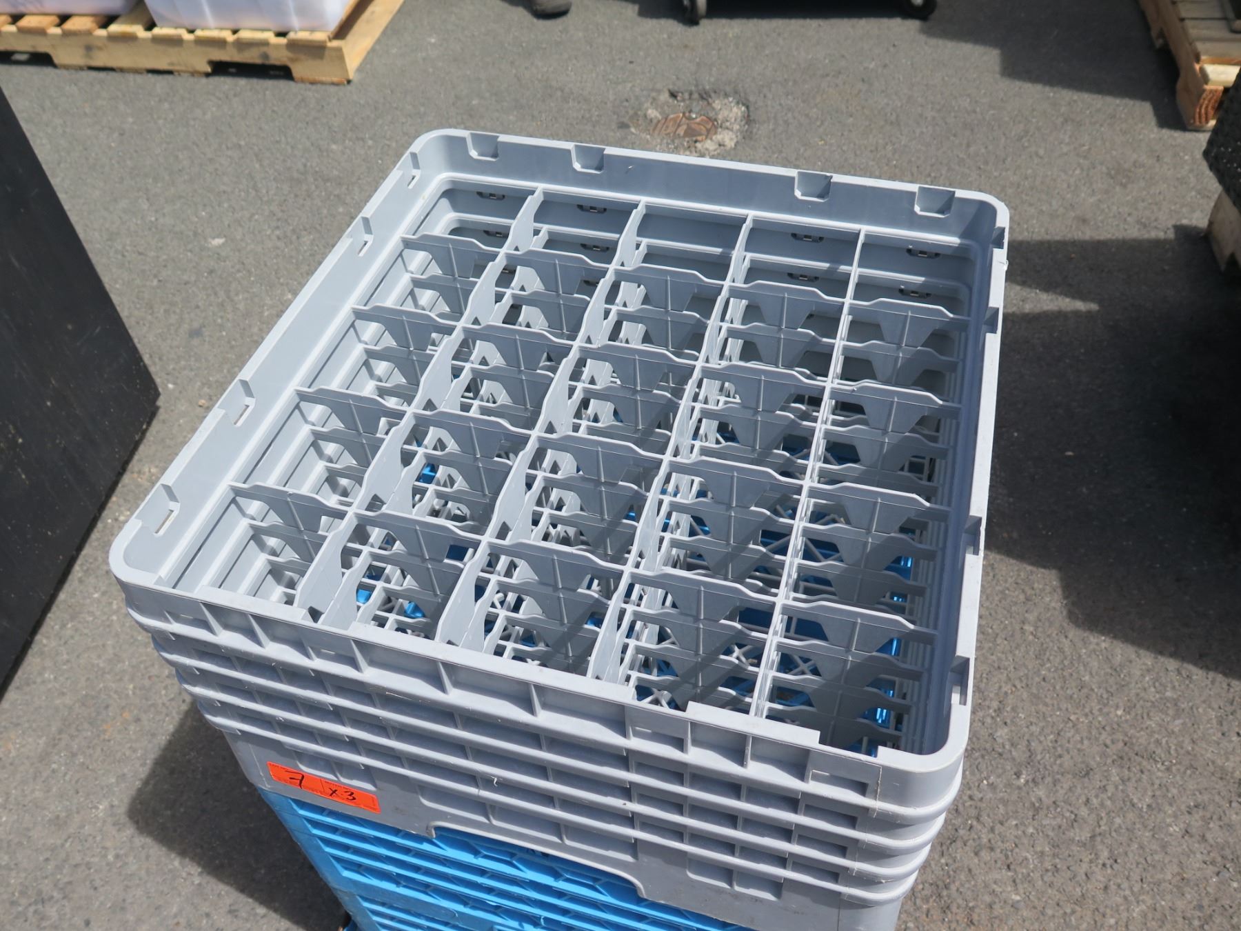 Qty 3 Plastic Stackable Glass Racks on Rolling Cart
