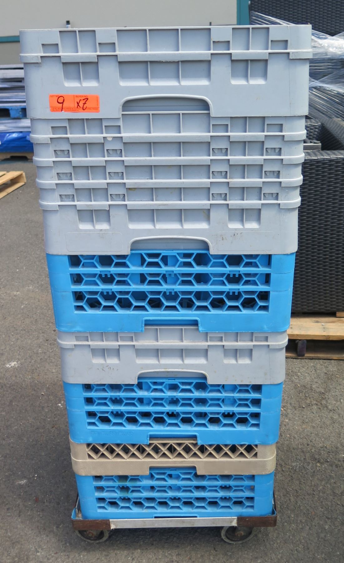 Qty 7 Plastic Stackable Glass Racks on Rolling Cart - Oahu Auctions