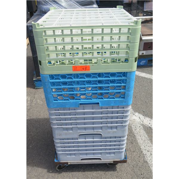 Qty 4 Plastic Stackable Glass Racks on Rolling Cart