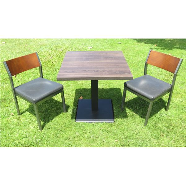 Square Table 30"x30"x30"H w/ Pedestal Base & 2 Upholstered Chairs 17"x18"x32"H