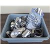 Image 1 : Plastic Bin w/ Multiple Metal Gravy Boats, Creamers, Carafe & Cutlery