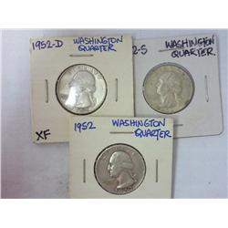 1952, 1952-D, 1952-S Washington Silver Quarters