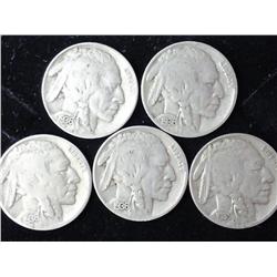 5 Assorted Dated Buffalo Nickels