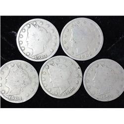 5 Assorted Liberty "V" Nickels