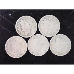5 Assorted Liberty "V" Nickels