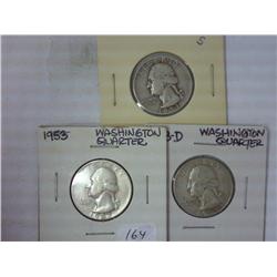 1953, 1953-D And 1953-S Washington Silver Quarters