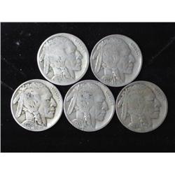 5 Assorted Dated Buffalo Nickels