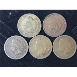 5 Assorted Indian Head Cents