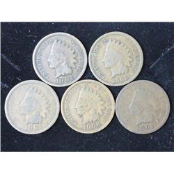 5 Assorted Indian Head Cents