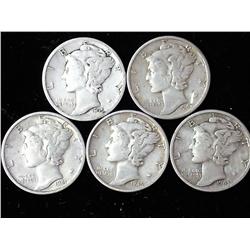 5 Assorted Mercury Dimes