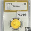 Image 1 : 1909-D $5 Gold Half Eagle Indian Hd PGA - MS64+