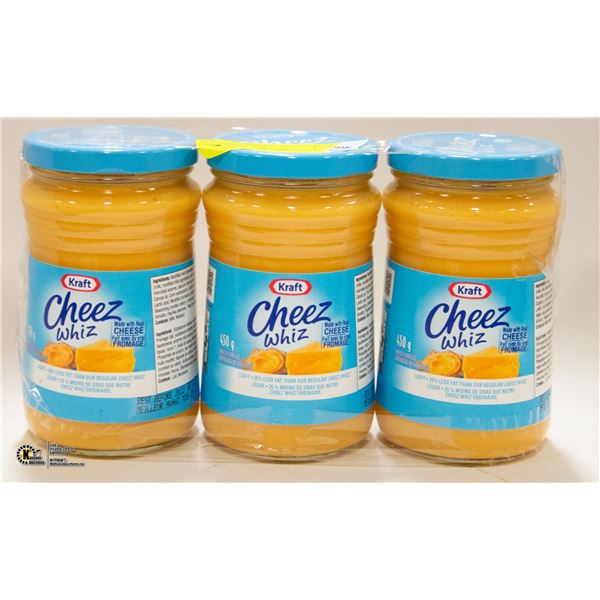 LOT OF 3 KRAFT CHEEZ WHIZ LIGHT,450G,BB SEPT 7/22